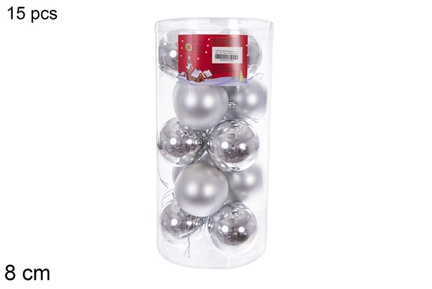 Pack 15 sfere assortite argento lucido/opaco cilindro 8 cm