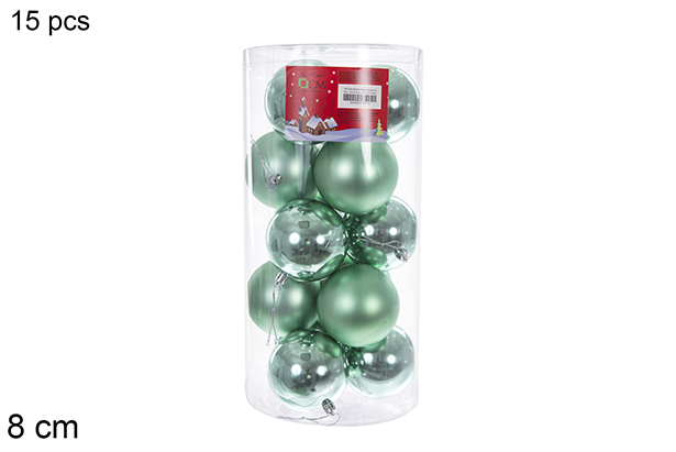 Pack 15 assorted mint green shiny/matt balls cylinder 8 cm