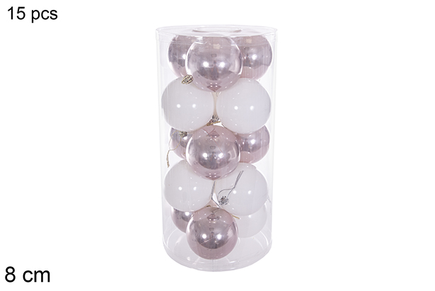 Pack 15 bolas sortidas em ouro rosa/branco brilhante/mate/glitter cilindro 8 cm
