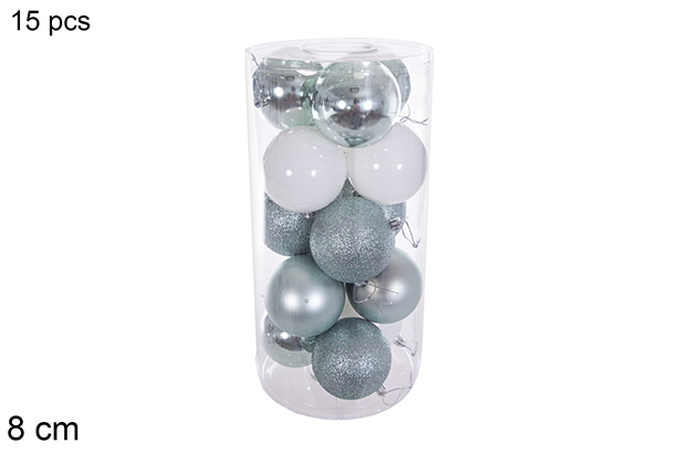 Pack 15 sfere assortite verde menta/bianche lucide/opache/glitter cilindriche 8 cm