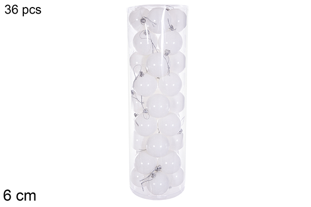 Pack 36 bolas blancas brillo cilindro 6 cm