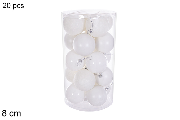 Pack 20 boules blanches brillantes/mates/pailletées cylindre 8 cm