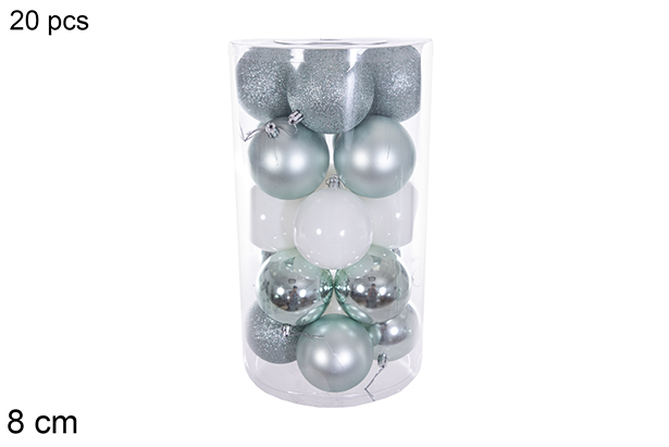 Pack 20 palline verde menta/bianche lucide/opache/glitter in un cilindro 8 cm