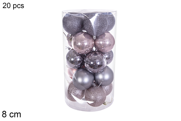 Pack 20 bolas oro rosa/girs brillo/mate/purpurina cilindro 8 cm