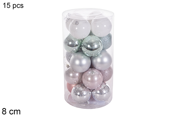 Pack 15 rose gold/silver/mint green/white glitter/matte/glitter balls in cylinder 8 cm