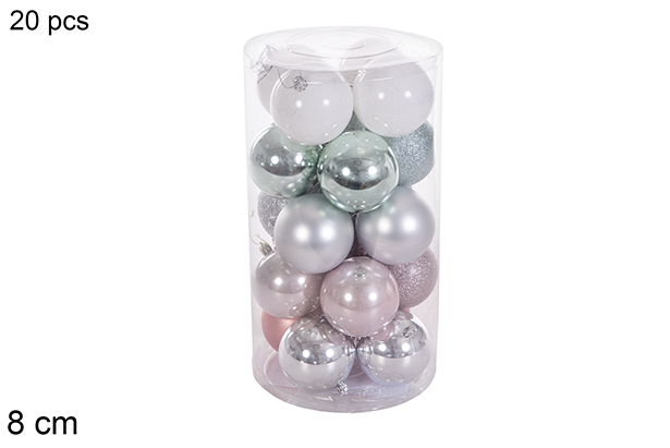 Pack 20 bolas oro rosa/plata/verde menta/blanca brillo/mate cilindro 8 cm