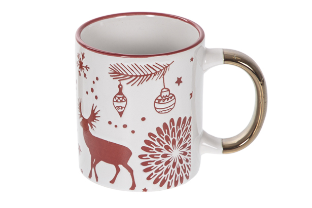[116695] Tazza in ceramica con manico in metallo decorata con motivi natalizi assortiti