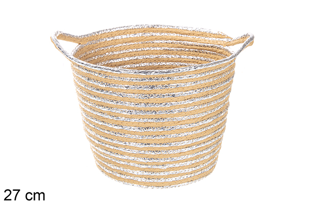 Cesta redonda cuerda de papel natural/plata con asas 27 cm