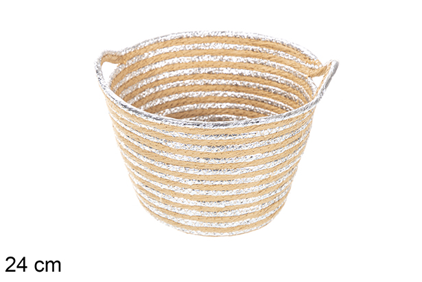 Cesta redonda cuerda de papel natural/plata con asas 24 cm