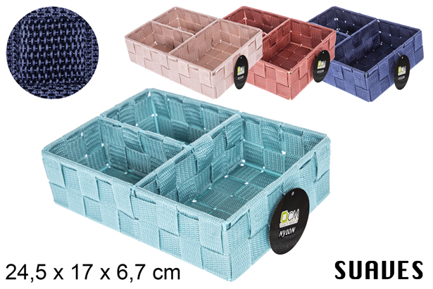 Nylon basket with 3 dividers in assorted colors 24,5x17 cm