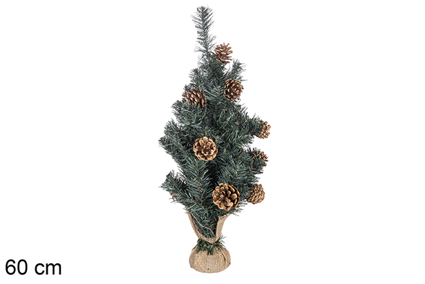 Arbolito verde PVC decorado con piñas en caja de madera 60 cm