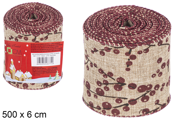 Nastro natalizio marrone decorato frutti rossi 500x6 cm