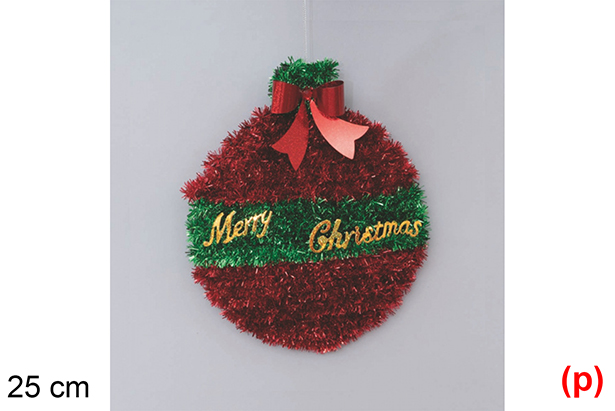 [117197] Palla di Natale rossa decorata con orpelli Buon Natale 25 cm