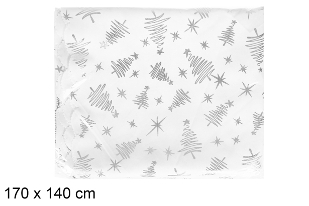 [117245] Mantel decorado árbol Navidad plata 170x140 cm