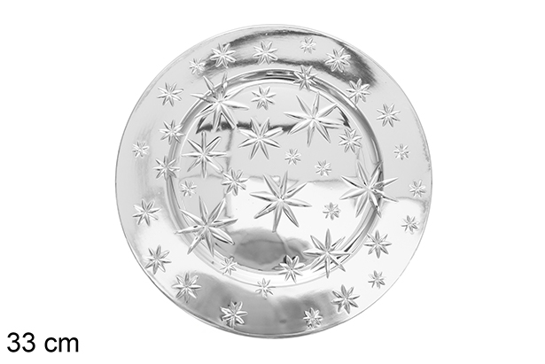 Prato baixo redondo de plástico decorado com estrelas prata 33 cm