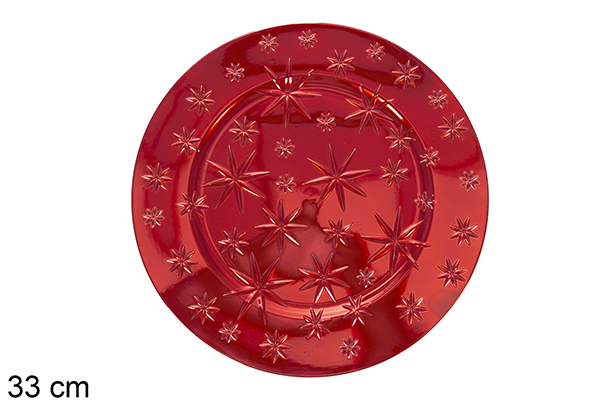 Bajo plato plástico redondo decorado estrellas rojo 33 cm 