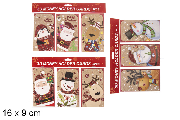 Pack 3 carte denaro glitter 3D Decorazione natalizia 16x9 cm