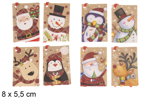 Pack 8 mini Christmas cards assorted glitter 8x5,5 cm