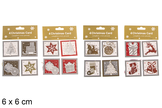 Pack 4 mini cartes de décoration de Noël assorties 6x6 cm