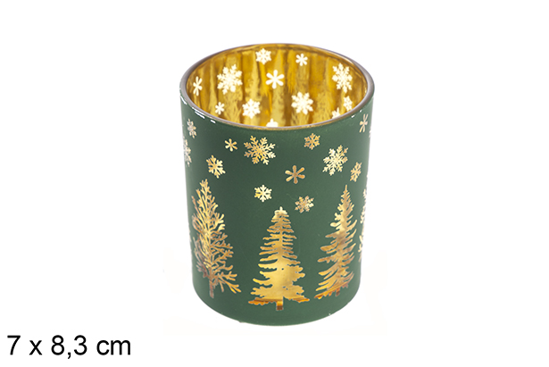 [117433] Portacandela vetro verde/oro rosa albero decorato 7x8,3 cm