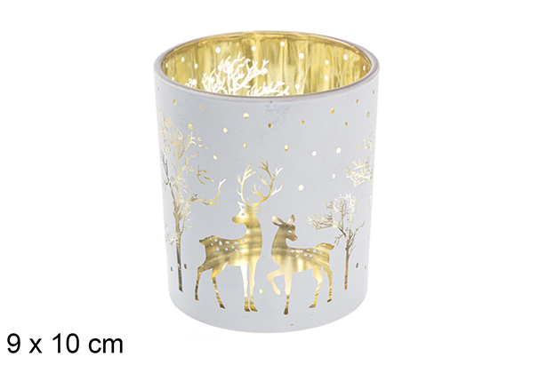 Castiçal vidro branco/dourado decorado rena 9x10 cm