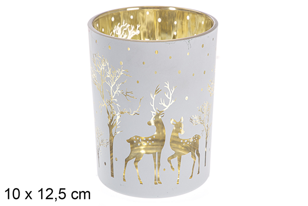 [117442] White/gold glass candle holder decorated reindeer 10x12,5 cm
