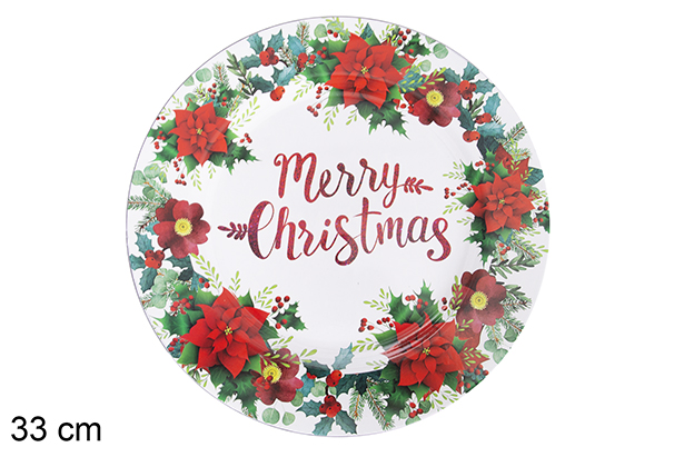 White round plate decorated with Christmas flowers 33 cm