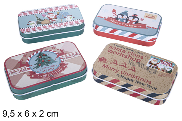 [117515] Boîte rectangulaire en métal décorée de Noël assorties présentoir 9,5x6 cm