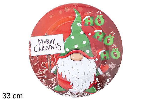 Red round plate decorated with green Christmas gnome 33 cm