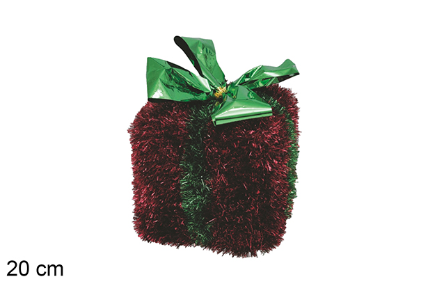 Pacote de presente de poliestireno decorado com enfeites vermelhos com laço verde 20 cm