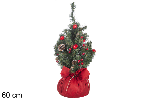 Árbol verde PVC decorado con bayas y piñas rojas 60 cm