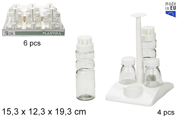 Pack 4 aceiteras con saleros de cristal en base cuadrada blanca