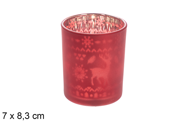 Portavela cristal mate roja/plata decorado renos 7x8,3 cm
