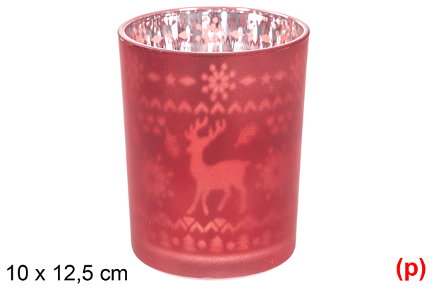Portacandela in vetro rosso opaco/argento decoro renna 10x12,5 cm