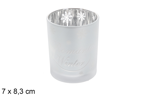 [117866] Portavela cristal mate plata/plata decorado copo de nieve 7x8,3 cm