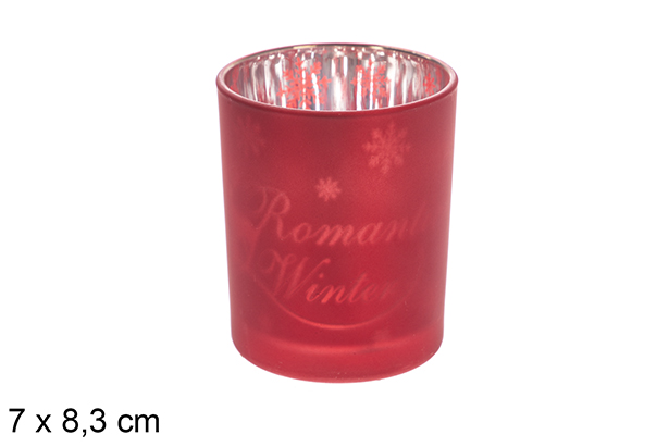 Castiçal vidro fosco vermelho/prateado decorado floco de neve 7x8,3 cm