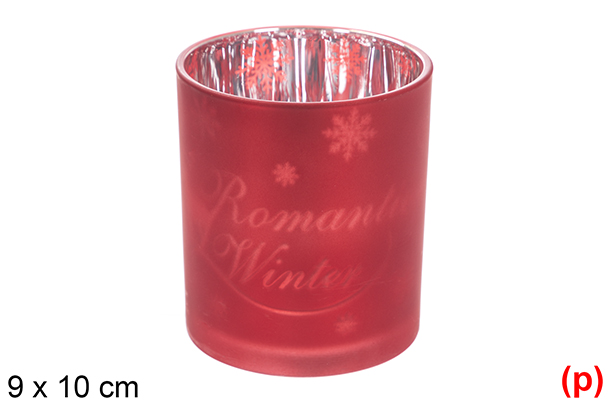 Matte red/silver glass candle holder decorated snowflake 9x10 cm