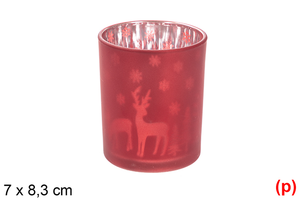 Portavela cristal mate roja/plata decorado renos y árboles 7x8,3 cm