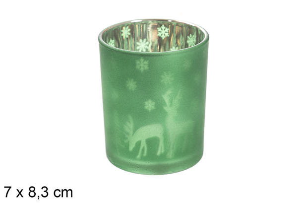 Matte green/silver glass candle holder decorated reindeer and trees 7x8,3 cm