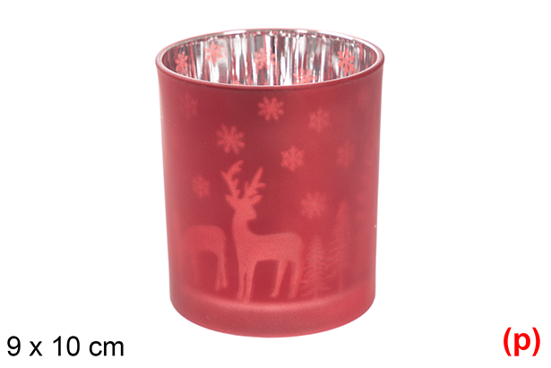 Bougeoir en verre rouge/argent mat décoré de rennes et d'arbres 9x10 cm