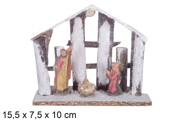 Natividade 3 peças em cabana de madeira nevada 15,5x7,5 cm