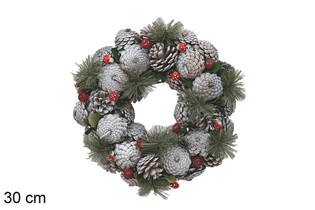 [117994] Corona de madera decorada piñas nevadas 30 cm 