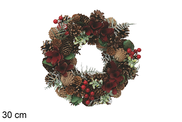 Corona de madera con purpurina flores rojas hojas plateadas 30 cm 