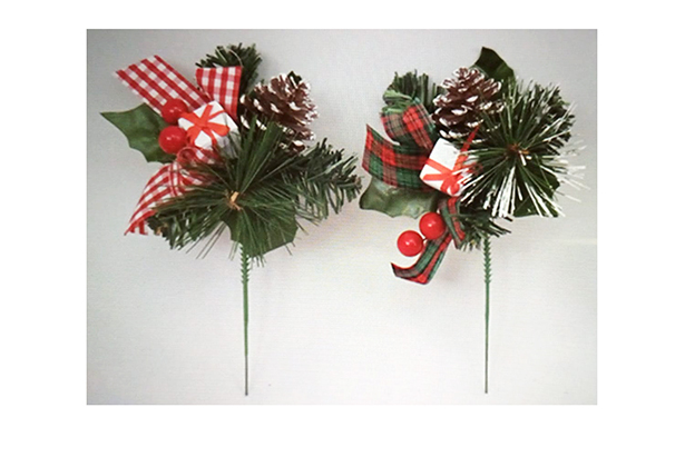 PVC twigs with square bows, snowy pine cones and red berries
