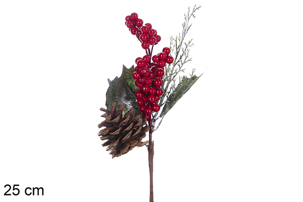 PVC pine branch with red berries and silver leaves 25 cm