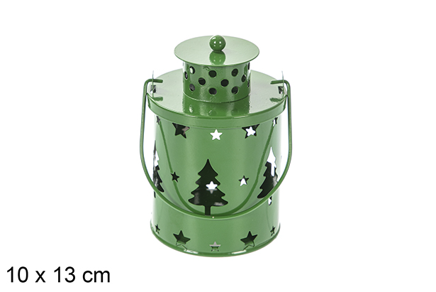 Green Christmas metal candle holder with LED candle 10x13 cm