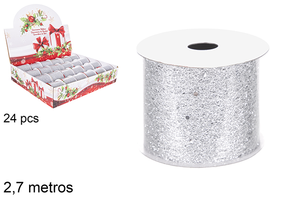 Rolo de fita de Natal em malha prateada com glitter 2,7 m.