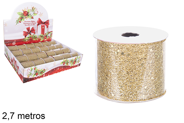 Rotolo di nastro natalizio a rete dorata con glitter 2,7 m.