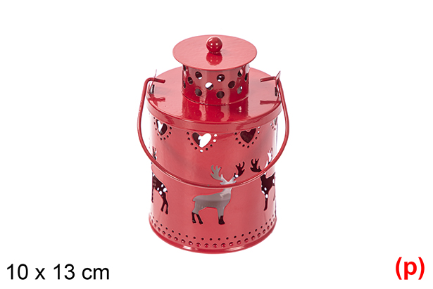 [118264] Red Christmas metal candle holder with LED candle 10x13 cm