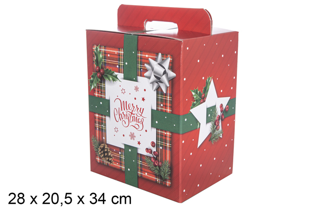 Caja bizcocho roja con asas decorado copos nieve 28x20,5 cm  